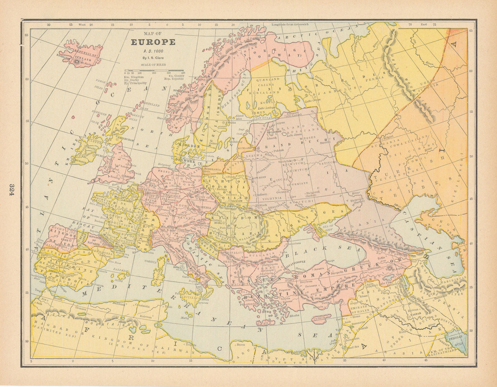 Map of Europe, AD 1000 by I.S. CLARE 1894 old antique vintage plan chart